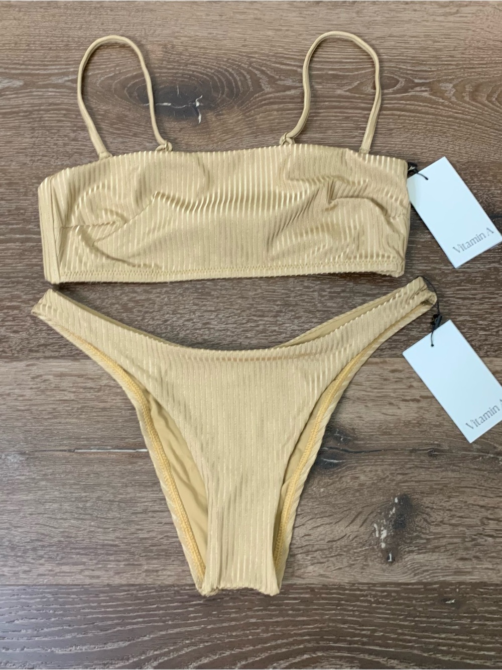 Vitamin A brown Mila Ribbed Bandeau Bikini Top & Bottom 2-Piece Set M M8 NWT